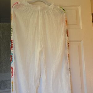 Bohemian Wide Leg White Pants with Colorful Crochet Trim